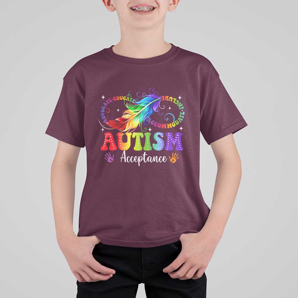 Autism Acceptance T Shirt For Kid Neurodivergent Support Rainbow Feather Infinity Symbol