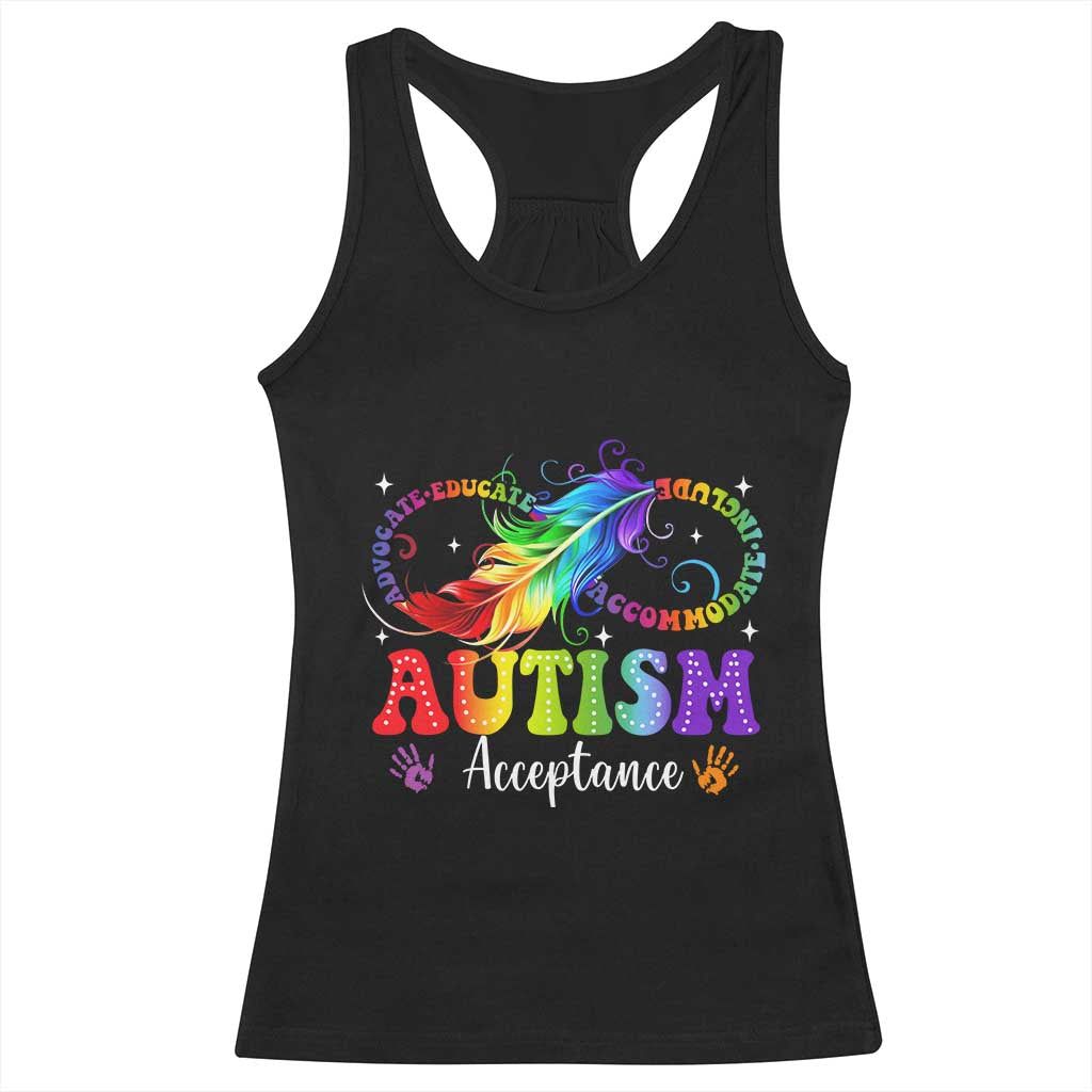 Autism Acceptance Racerback Tank Top Neurodivergent Support Rainbow Feather Infinity Symbol