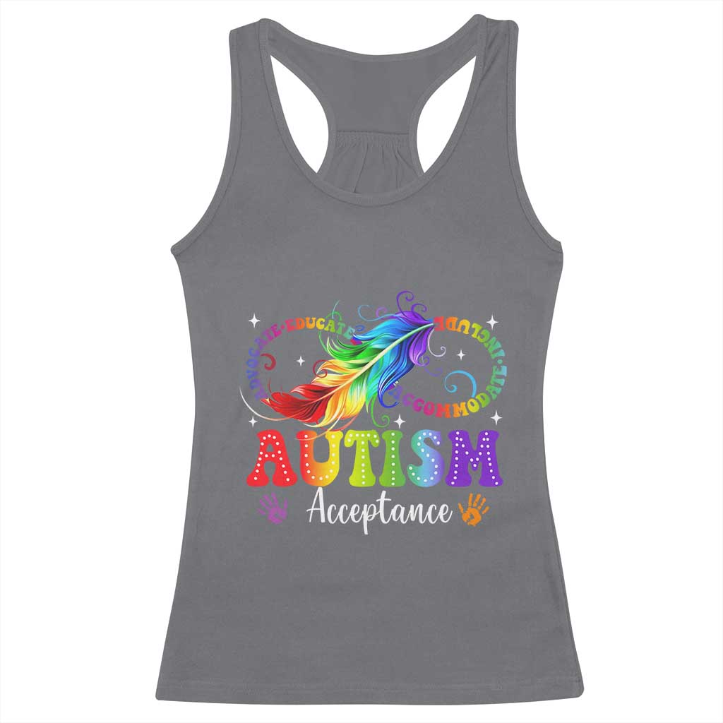 Autism Acceptance Racerback Tank Top Neurodivergent Support Rainbow Feather Infinity Symbol