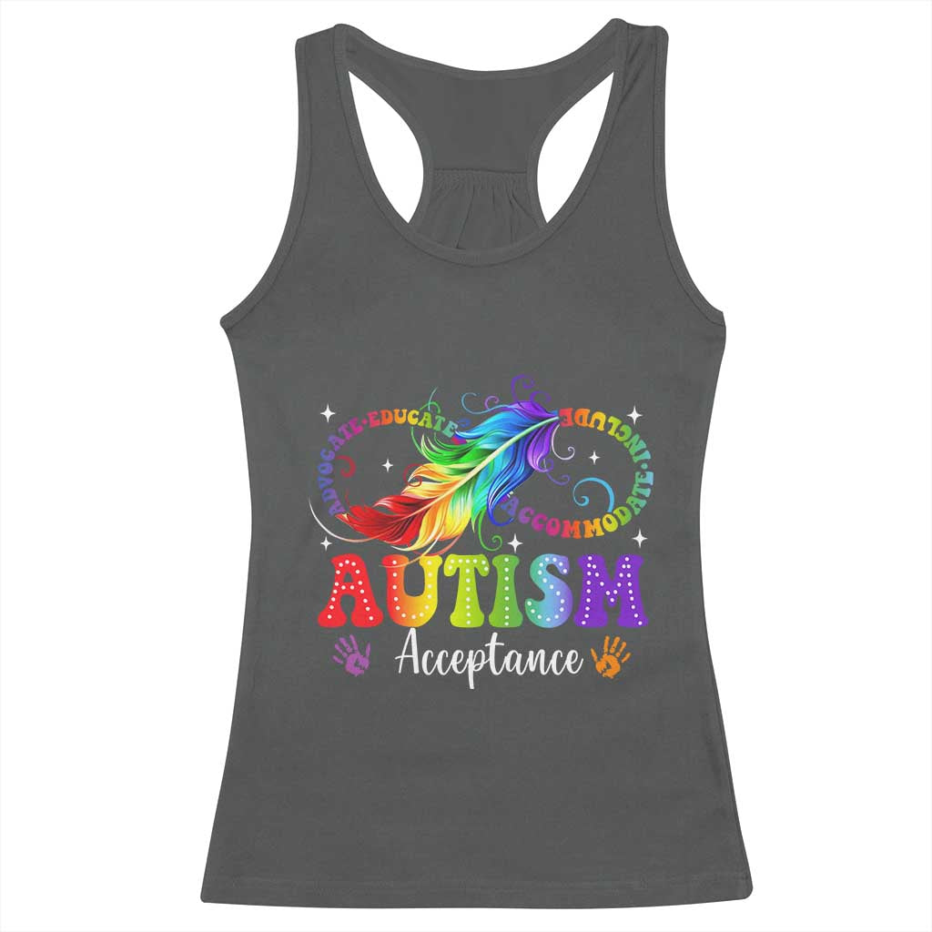 Autism Acceptance Racerback Tank Top Neurodivergent Support Rainbow Feather Infinity Symbol