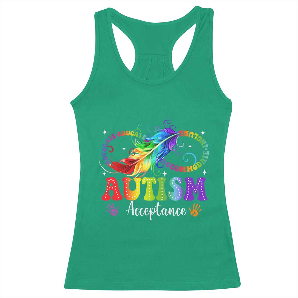 Autism Acceptance Racerback Tank Top Neurodivergent Support Rainbow Feather Infinity Symbol