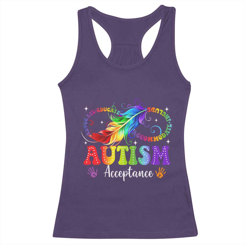 Autism Acceptance Racerback Tank Top Neurodivergent Support Rainbow Feather Infinity Symbol