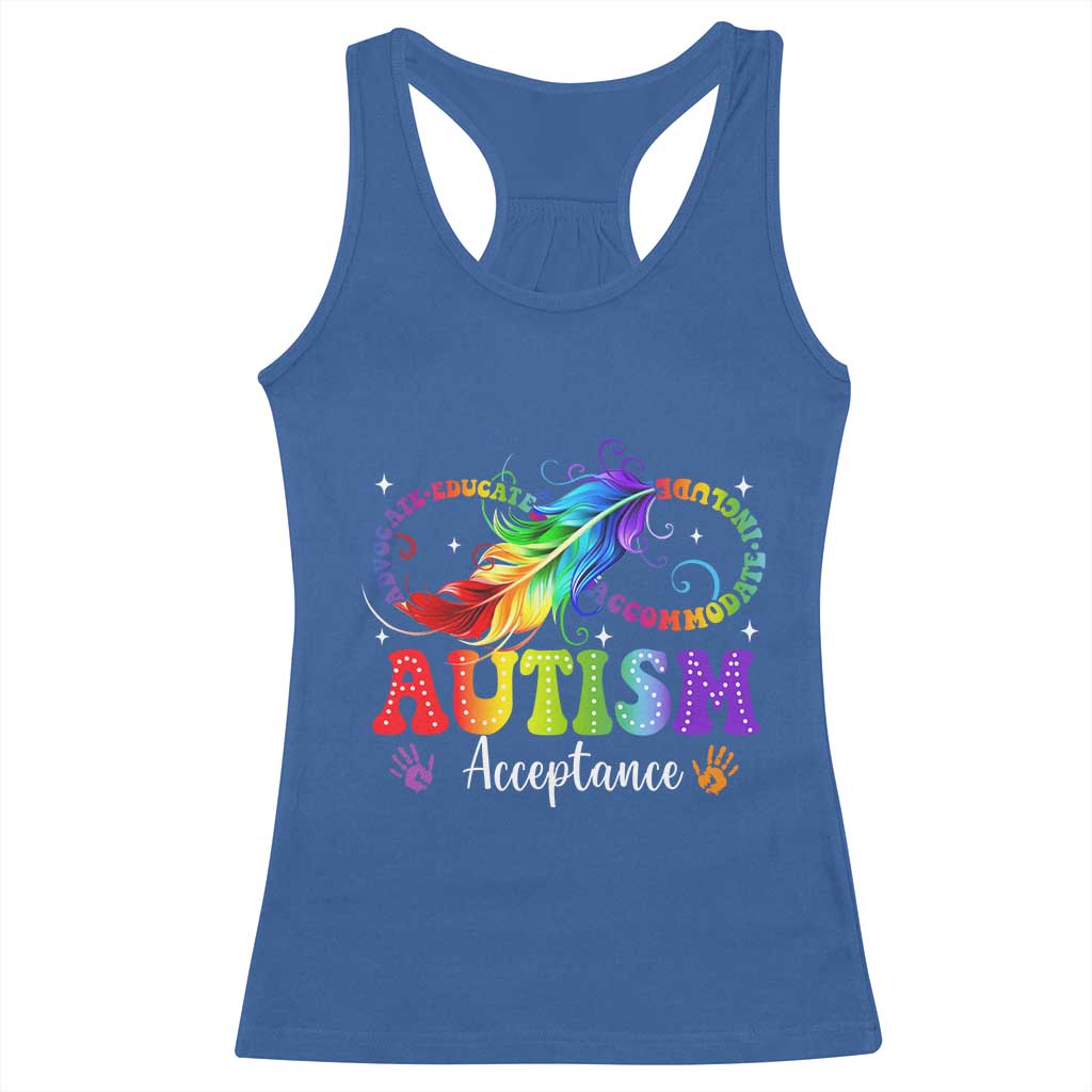 Autism Acceptance Racerback Tank Top Neurodivergent Support Rainbow Feather Infinity Symbol