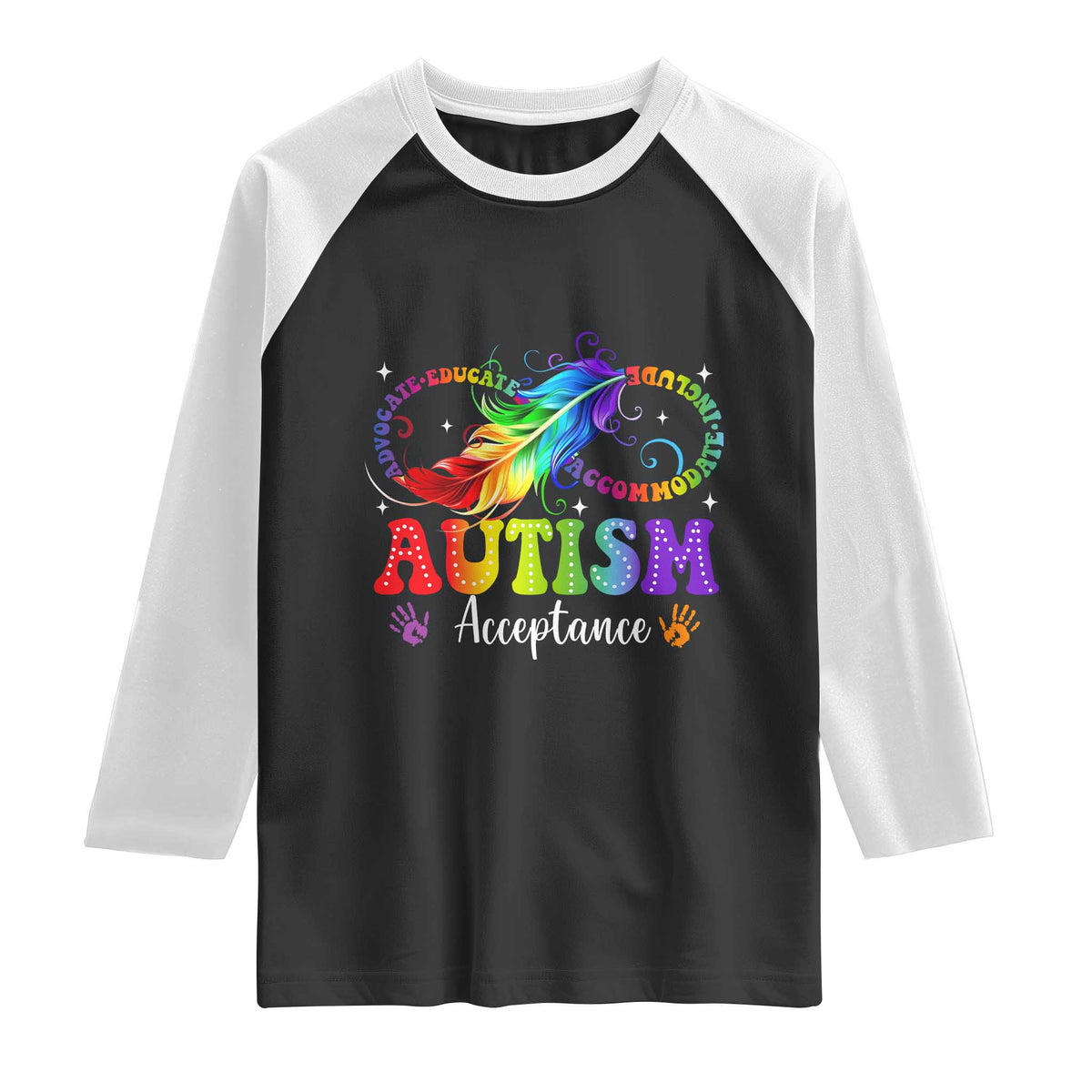 Autism Acceptance Raglan Shirt Neurodivergent Support Rainbow Feather Infinity Symbol