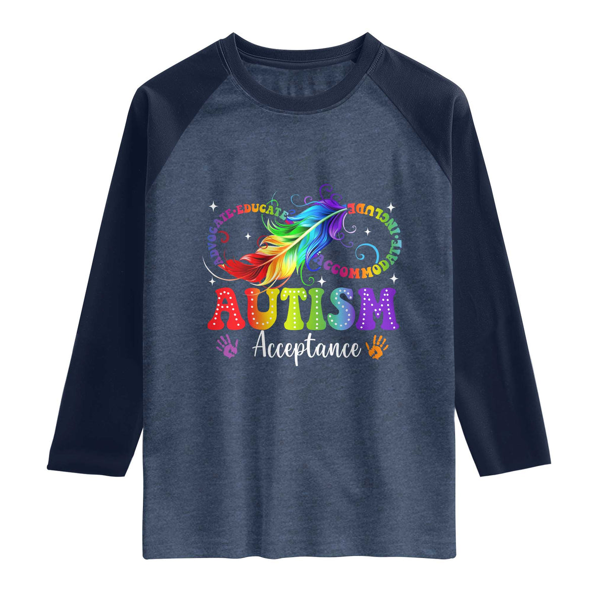 Autism Acceptance Raglan Shirt Neurodivergent Support Rainbow Feather Infinity Symbol