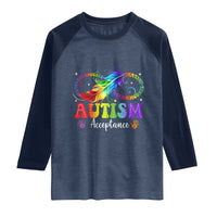 Autism Acceptance Raglan Shirt Neurodivergent Support Rainbow Feather Infinity Symbol