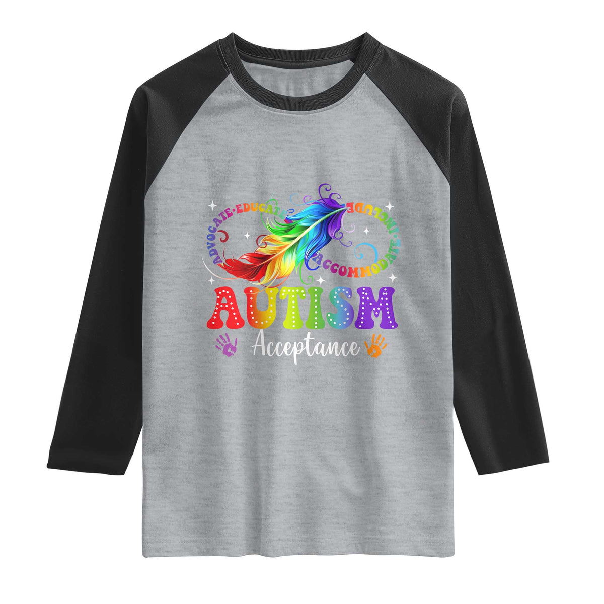 Autism Acceptance Raglan Shirt Neurodivergent Support Rainbow Feather Infinity Symbol