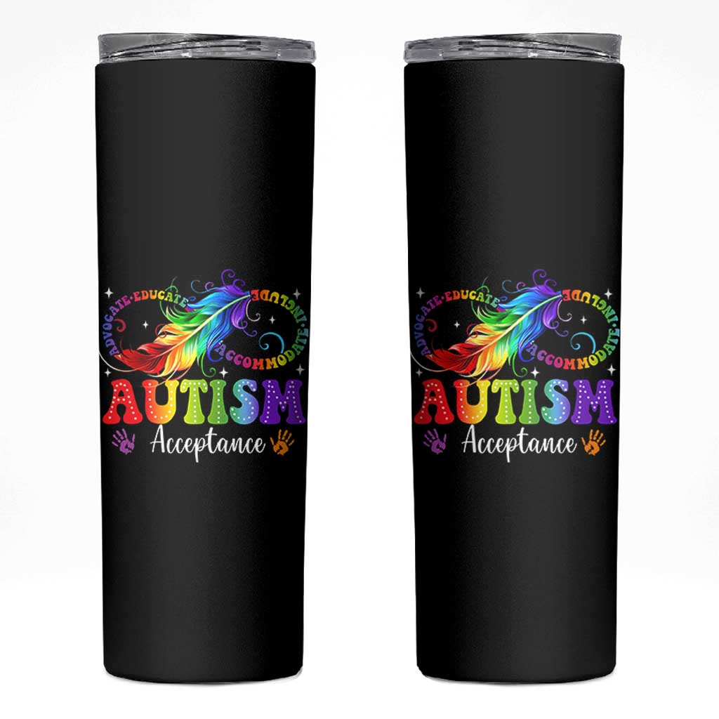 Autism Acceptance Skinny Tumbler Neurodivergent Support Rainbow Feather Infinity Symbol