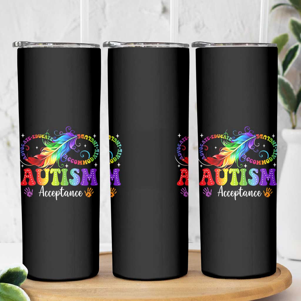 Autism Acceptance Skinny Tumbler Neurodivergent Support Rainbow Feather Infinity Symbol