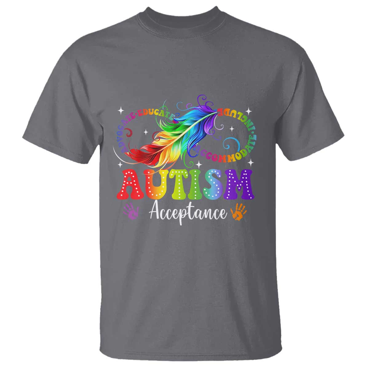Autism Acceptance T Shirt Neurodivergent Support Rainbow Feather Infinity Symbol