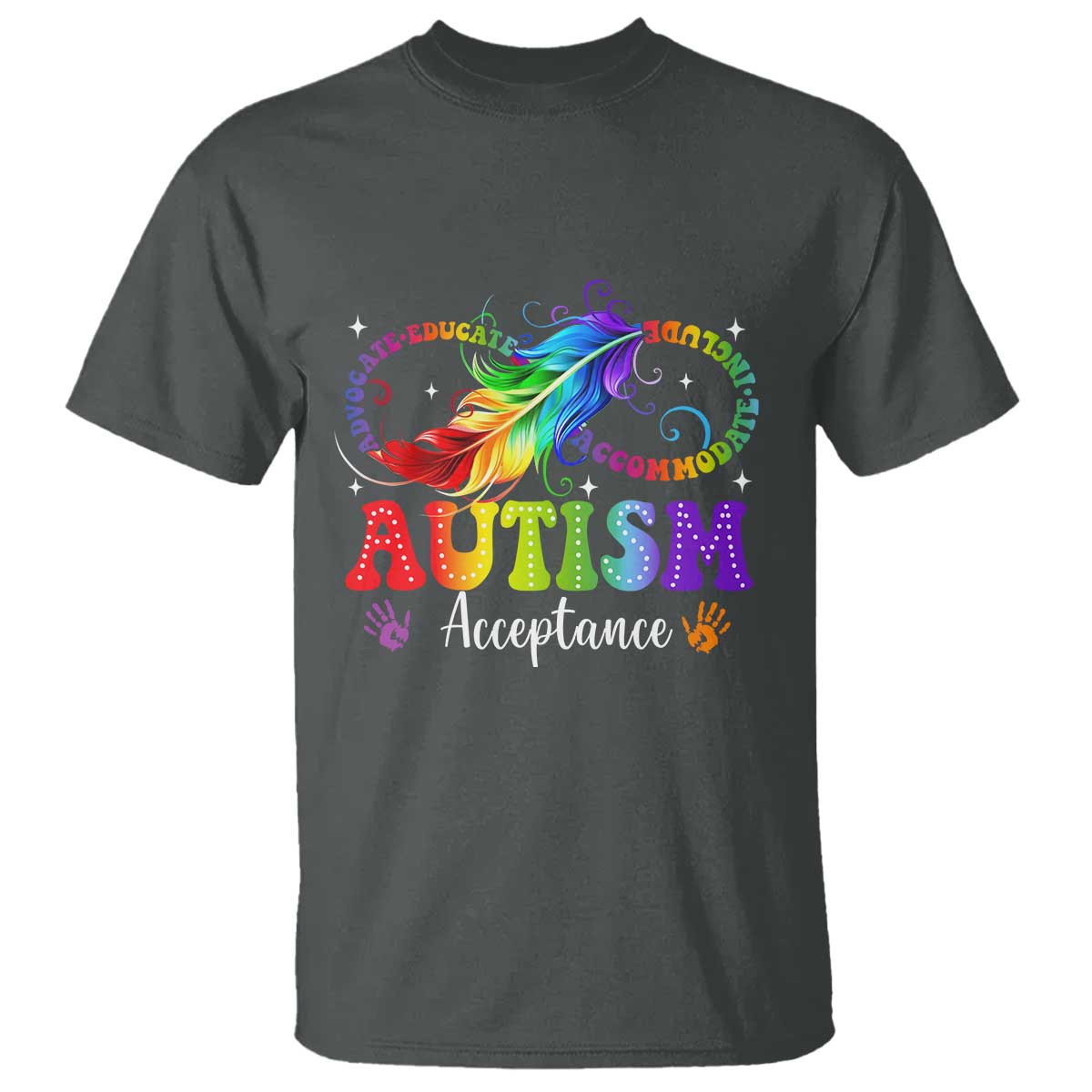 Autism Acceptance T Shirt Neurodivergent Support Rainbow Feather Infinity Symbol