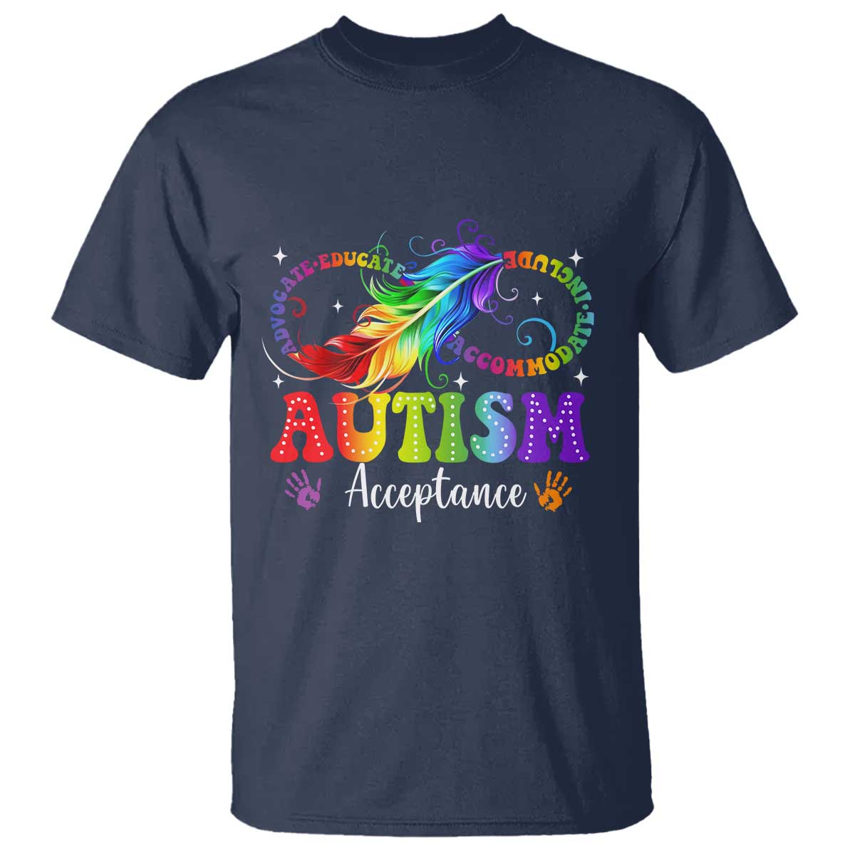 Autism Acceptance T Shirt Neurodivergent Support Rainbow Feather Infinity Symbol
