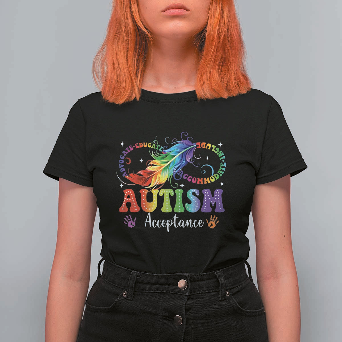 Autism Acceptance T Shirt For Women Neurodivergent Support Rainbow Feather Infinity Symbol