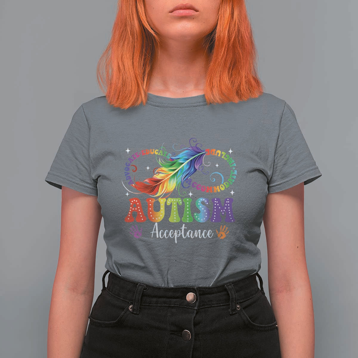 Autism Acceptance T Shirt For Women Neurodivergent Support Rainbow Feather Infinity Symbol