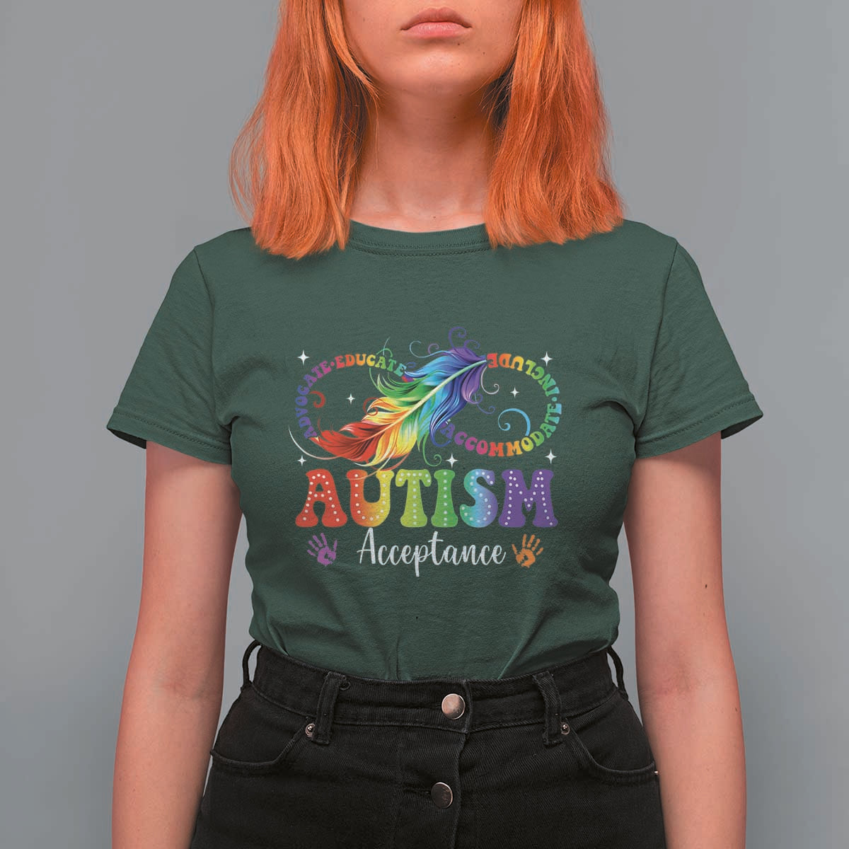 Autism Acceptance T Shirt For Women Neurodivergent Support Rainbow Feather Infinity Symbol