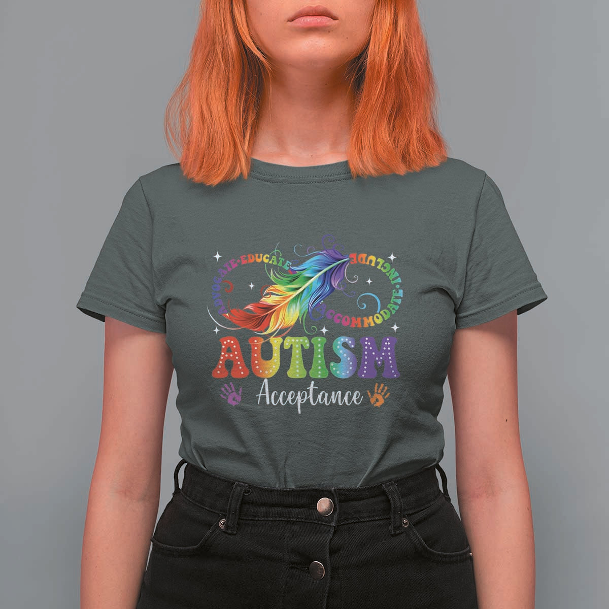 Autism Acceptance T Shirt For Women Neurodivergent Support Rainbow Feather Infinity Symbol