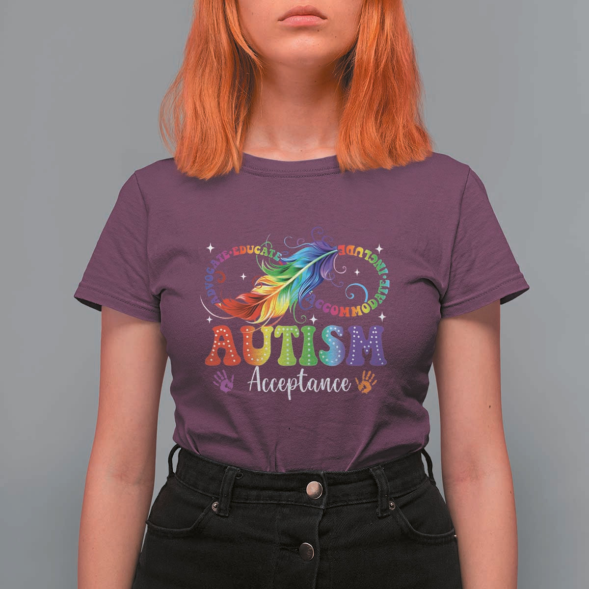 Autism Acceptance T Shirt For Women Neurodivergent Support Rainbow Feather Infinity Symbol