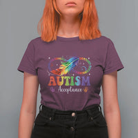 Autism Acceptance T Shirt For Women Neurodivergent Support Rainbow Feather Infinity Symbol