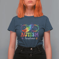 Autism Acceptance T Shirt For Women Neurodivergent Support Rainbow Feather Infinity Symbol