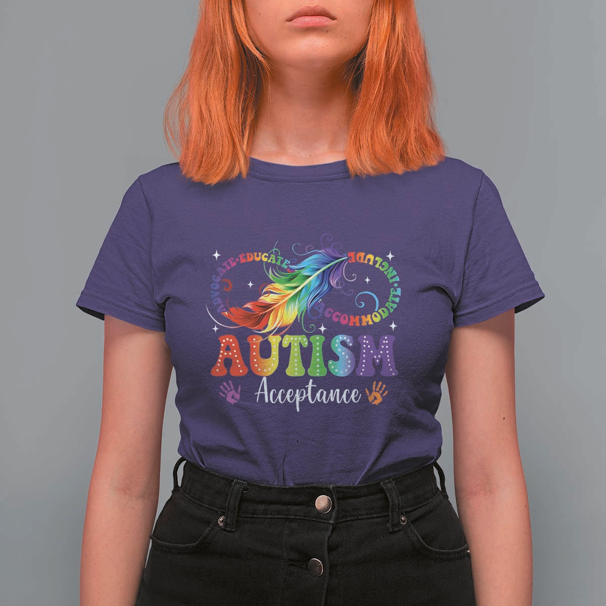 Autism Acceptance T Shirt For Women Neurodivergent Support Rainbow Feather Infinity Symbol