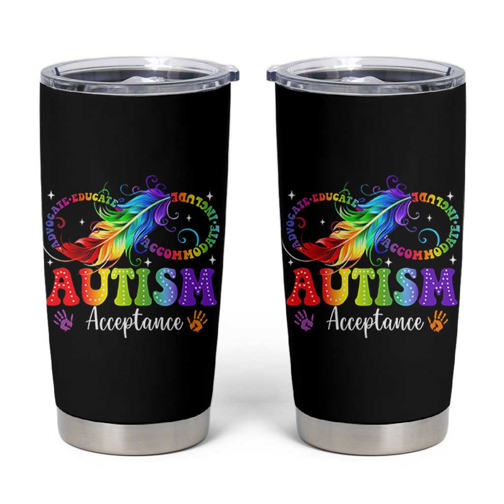 Autism Acceptance Tumbler Cup Neurodivergent Support Rainbow Feather Infinity Symbol