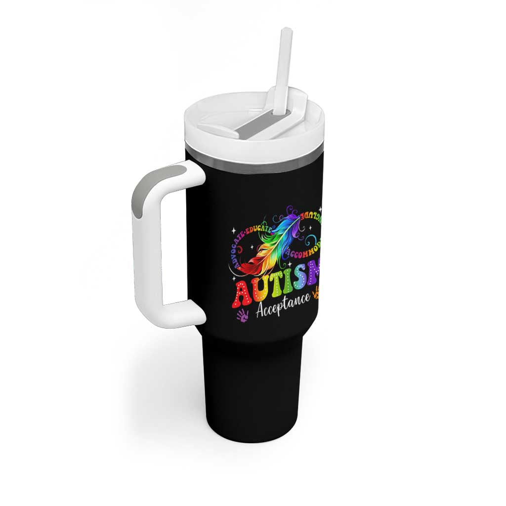 Autism Acceptance Tumbler With Handle Neurodivergent Support Rainbow Feather Infinity Symbol