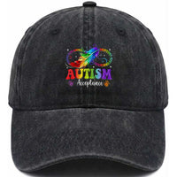 Autism Acceptance Washed Cotton Baseball Cap Neurodivergent Support Rainbow Feather Infinity Symbol