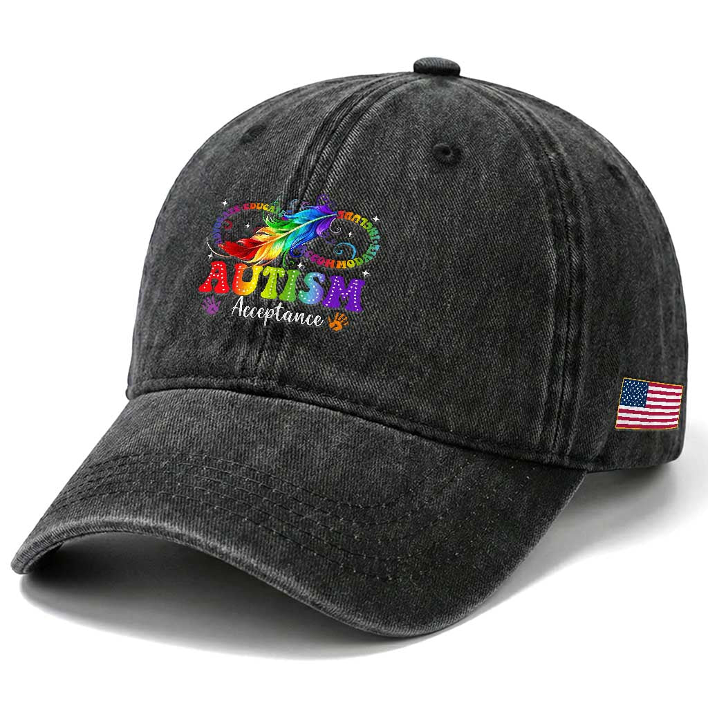 Autism Acceptance Washed Cotton Baseball Cap Neurodivergent Support Rainbow Feather Infinity Symbol