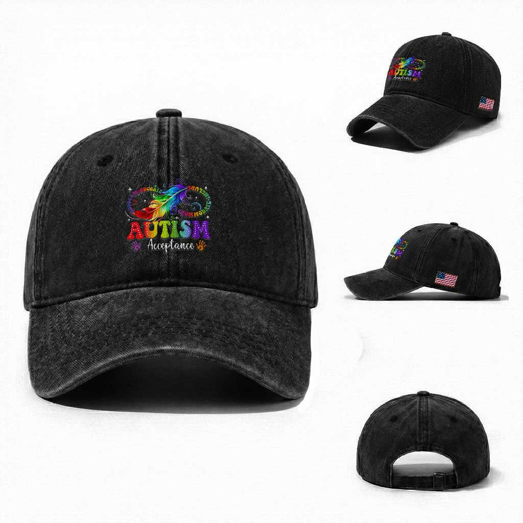 Autism Acceptance Washed Cotton Baseball Cap Neurodivergent Support Rainbow Feather Infinity Symbol
