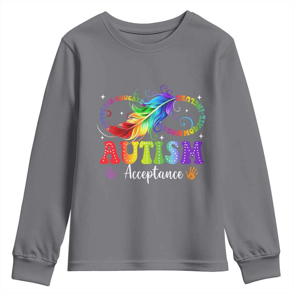 Autism Acceptance Youth Sweatshirt Neurodivergent Support Rainbow Feather Infinity Symbol