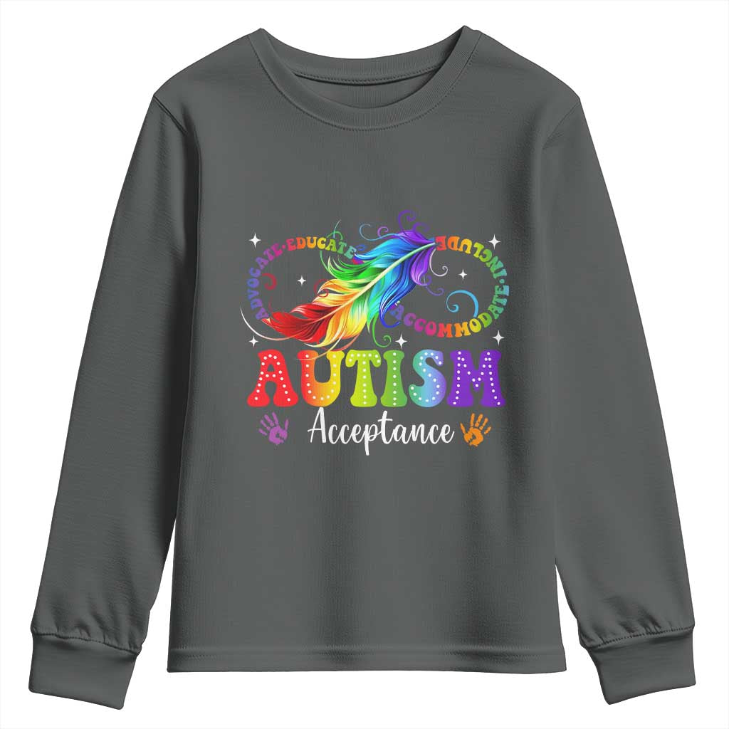 Autism Acceptance Youth Sweatshirt Neurodivergent Support Rainbow Feather Infinity Symbol