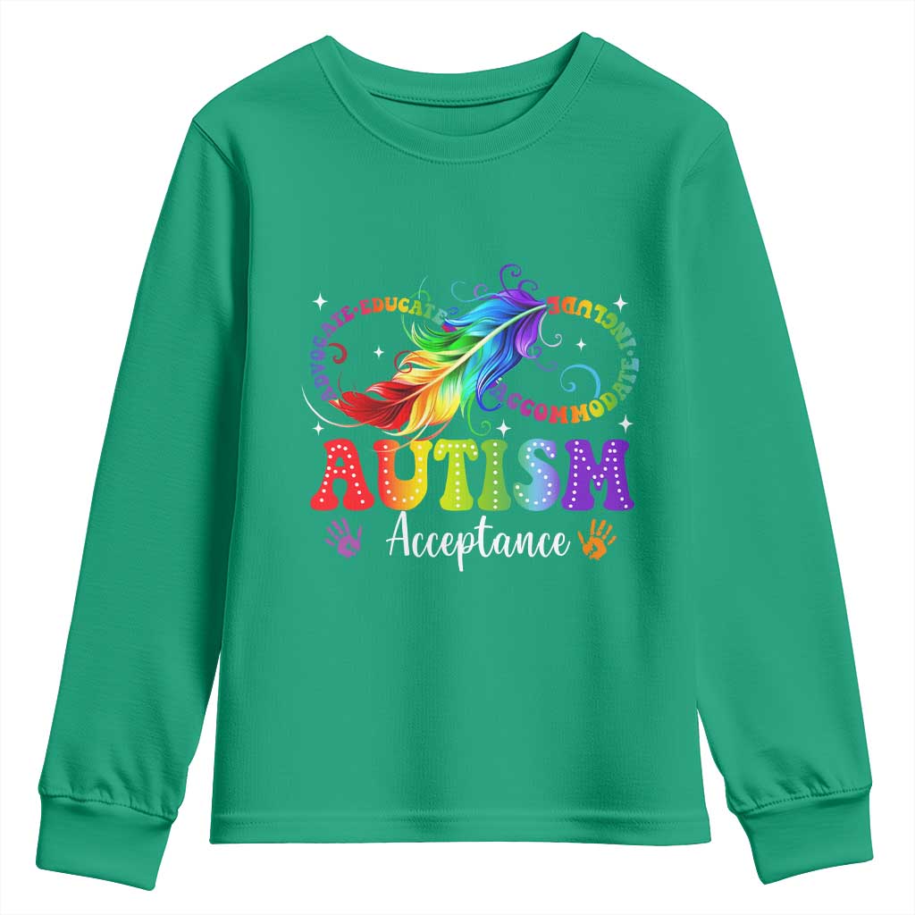 Autism Acceptance Youth Sweatshirt Neurodivergent Support Rainbow Feather Infinity Symbol