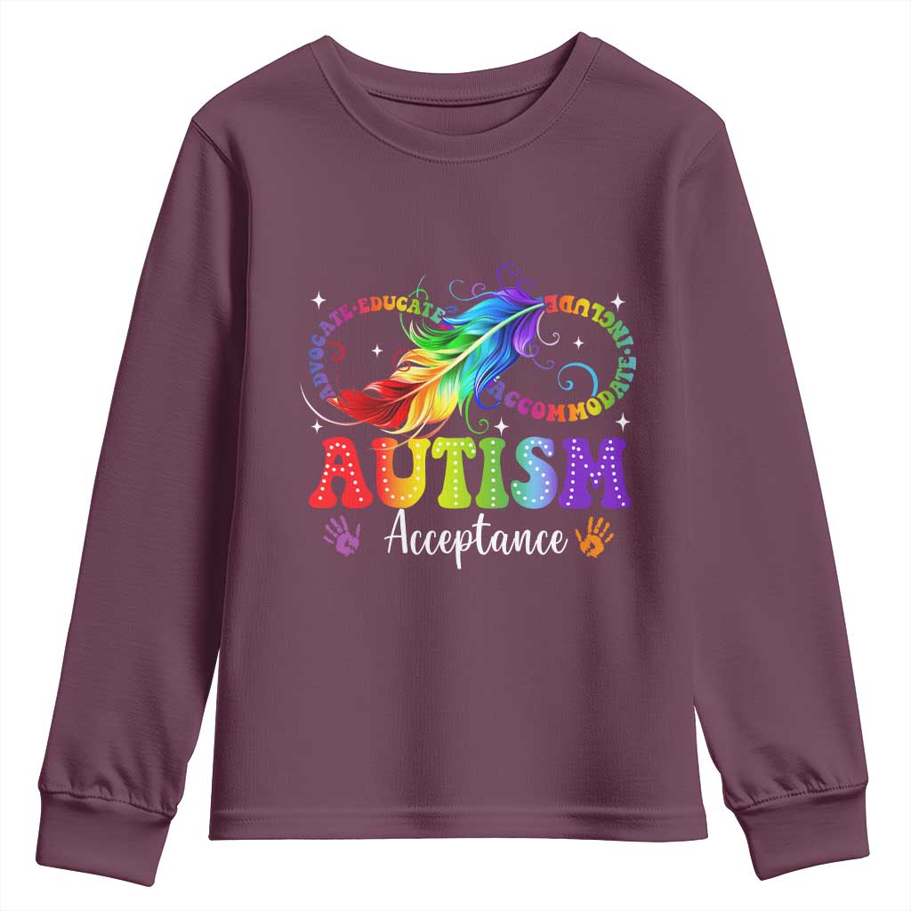 Autism Acceptance Youth Sweatshirt Neurodivergent Support Rainbow Feather Infinity Symbol