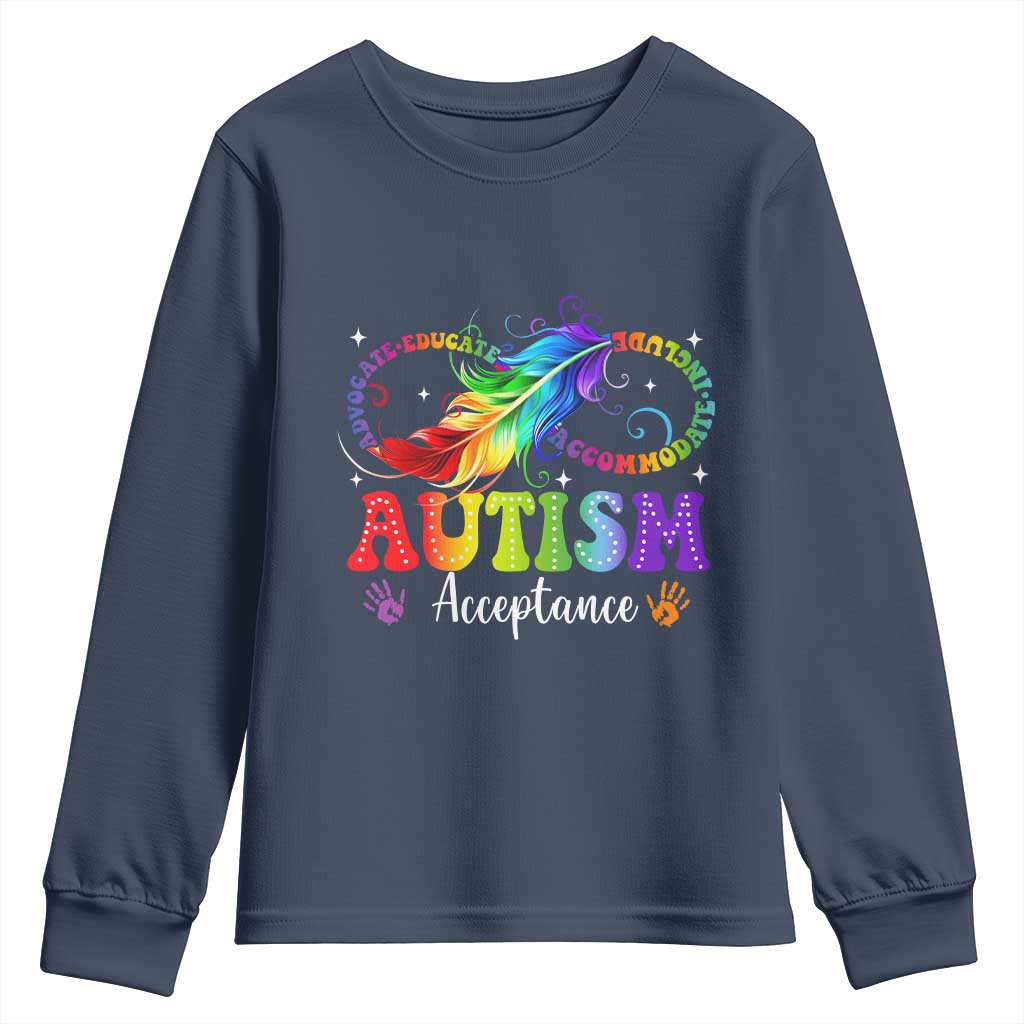 Autism Acceptance Youth Sweatshirt Neurodivergent Support Rainbow Feather Infinity Symbol