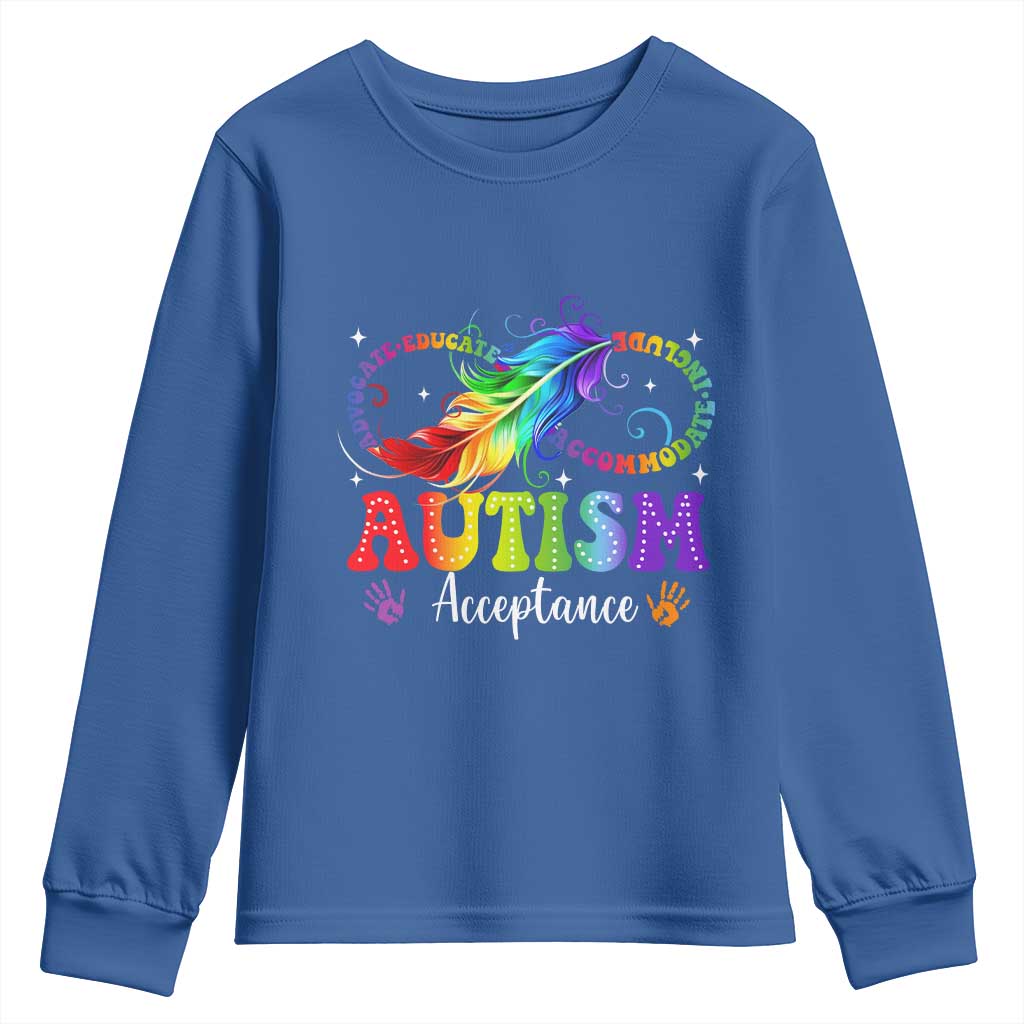 Autism Acceptance Youth Sweatshirt Neurodivergent Support Rainbow Feather Infinity Symbol