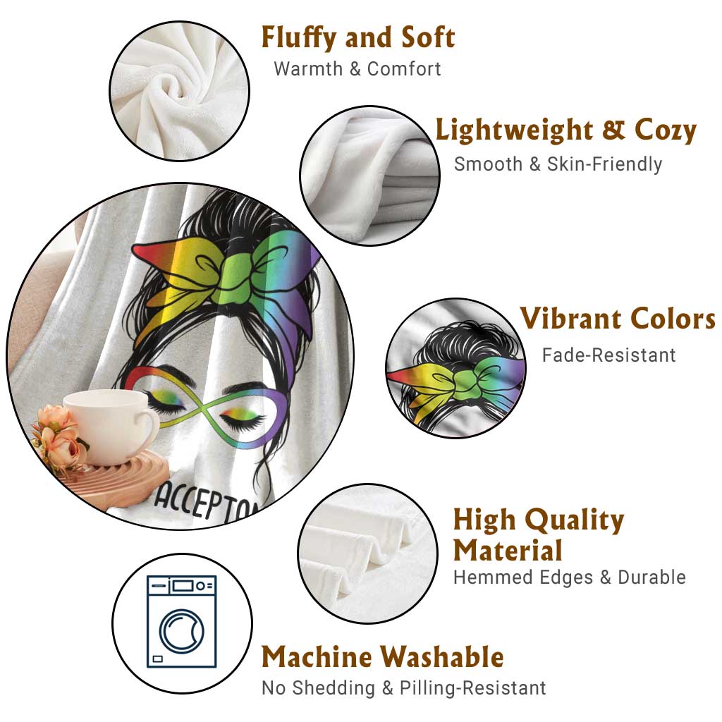 Autism Acceptance Throw Blanket Neurodiversity Awareness Messy Bun Women