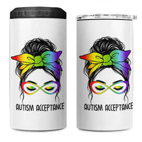 Autism Acceptance 4 in 1 Can Cooler Tumbler Neurodiversity Awareness Messy Bun Women