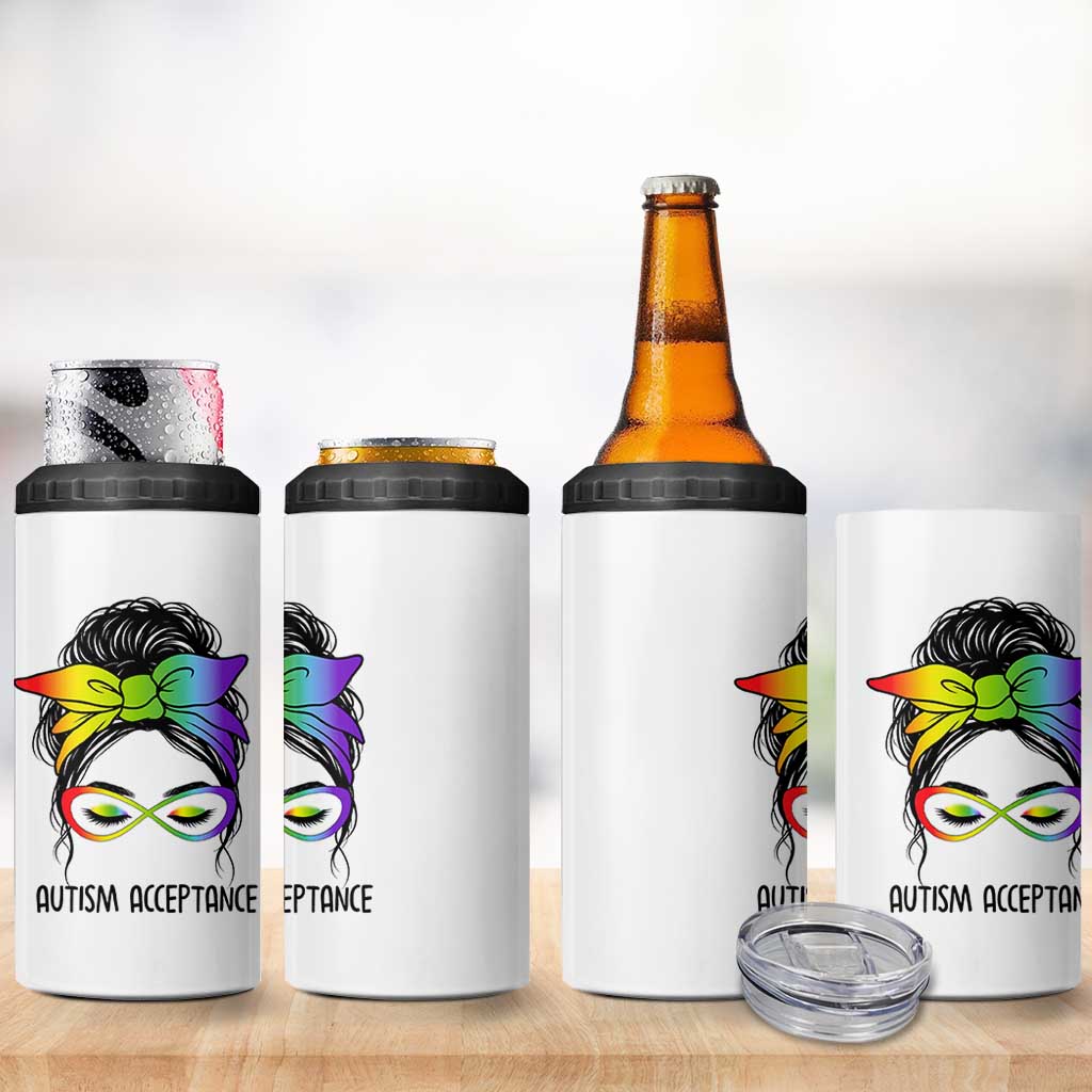 Autism Acceptance 4 in 1 Can Cooler Tumbler Neurodiversity Awareness Messy Bun Women