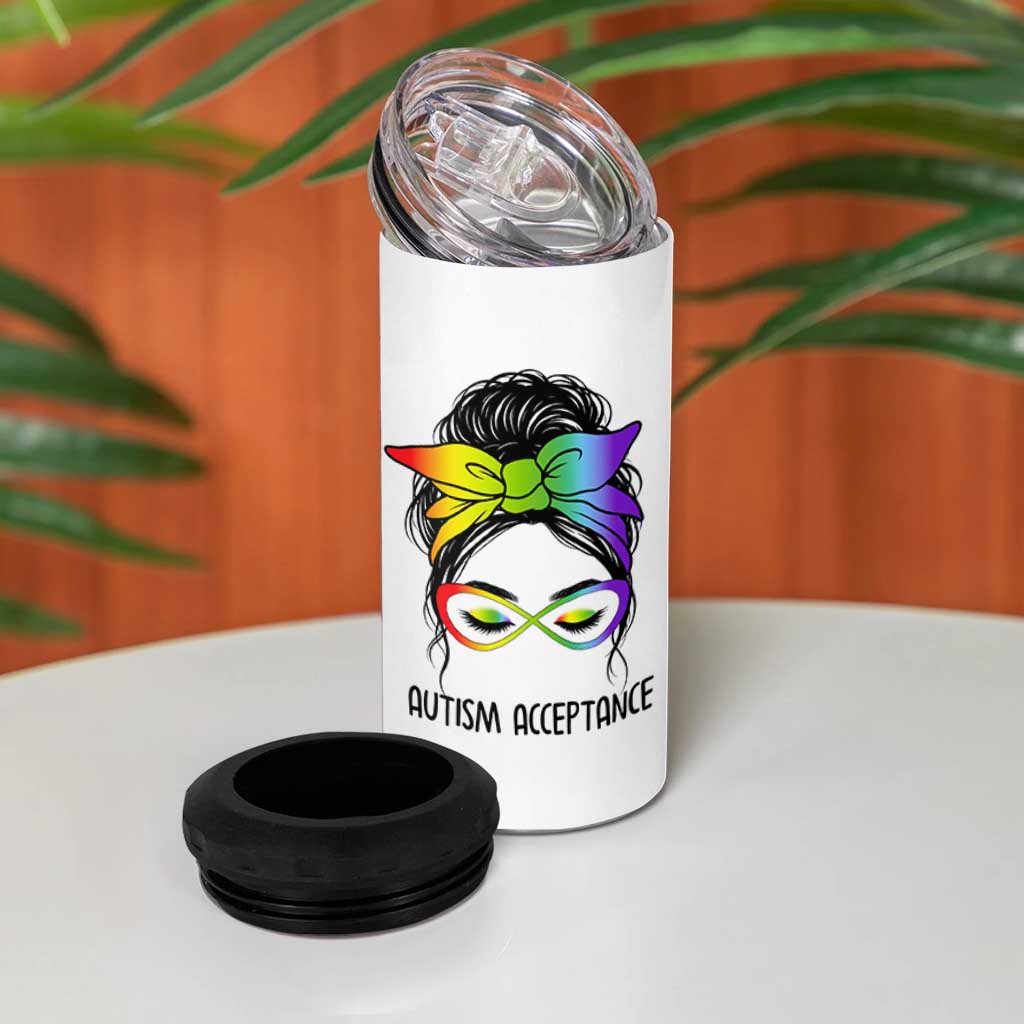 Autism Acceptance 4 in 1 Can Cooler Tumbler Neurodiversity Awareness Messy Bun Women