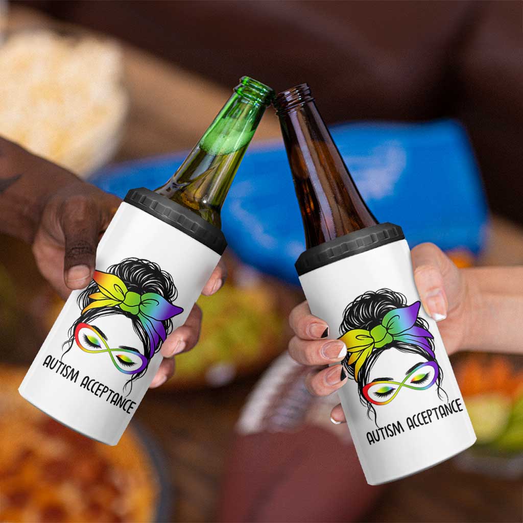 Autism Acceptance 4 in 1 Can Cooler Tumbler Neurodiversity Awareness Messy Bun Women