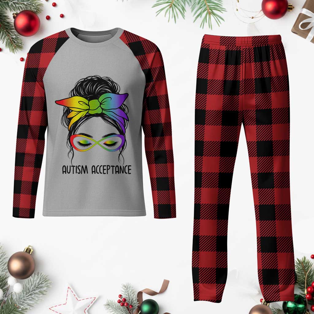 Autism Acceptance Plaid Pajama Set Neurodiversity Awareness Messy Bun Women