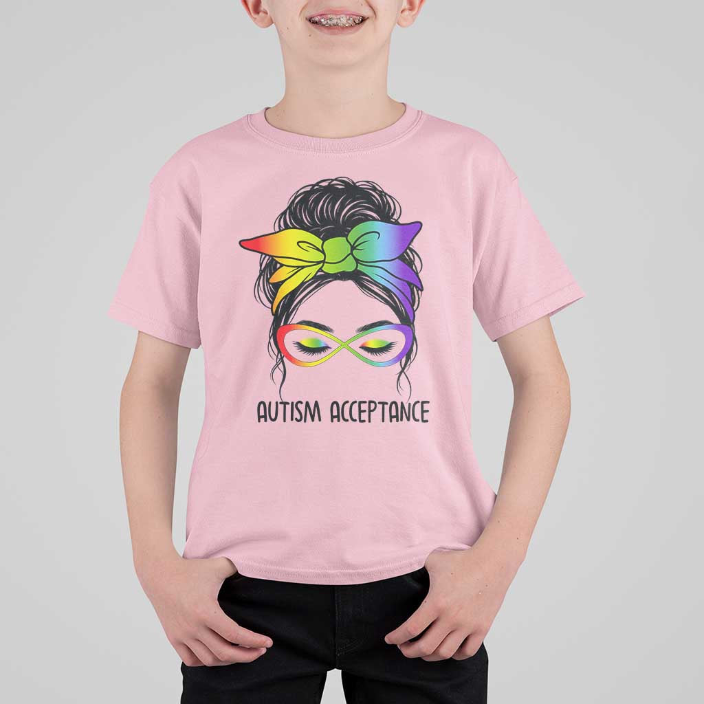 Autism Acceptance T Shirt For Kid Neurodiversity Awareness Messy Bun Women