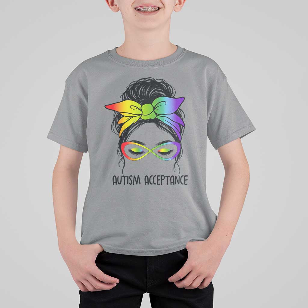 Autism Acceptance T Shirt For Kid Neurodiversity Awareness Messy Bun Women
