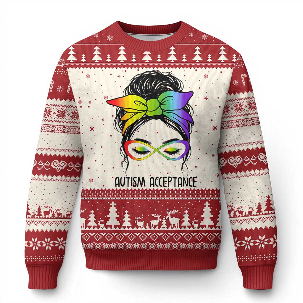 Autism Acceptance Ugly Christmas Sweater Neurodiversity Awareness Messy Bun Women