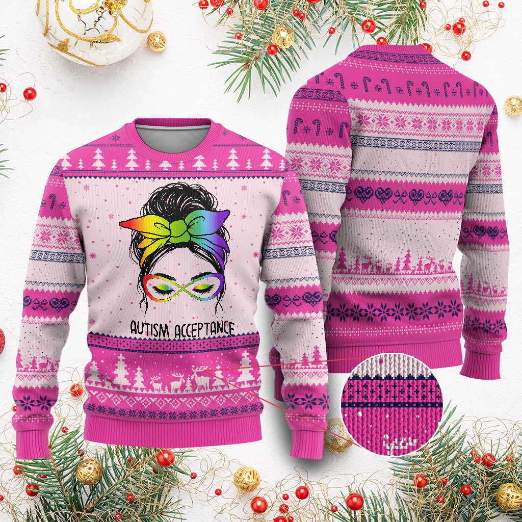 Autism Acceptance Ugly Christmas Sweater Neurodiversity Awareness Messy Bun Women