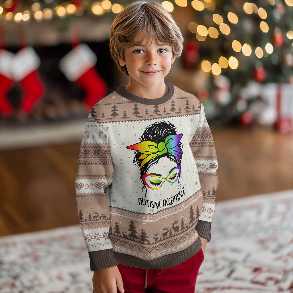 Autism Acceptance Ugly Christmas Sweater Neurodiversity Awareness Messy Bun Women