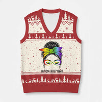 Autism Acceptance V-Neck Knit Sweater Vest Neurodiversity Awareness Messy Bun Women