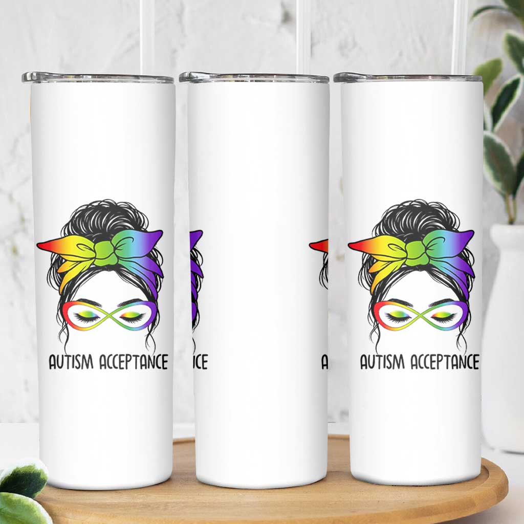 Autism Acceptance Skinny Tumbler Neurodiversity Awareness Messy Bun Women