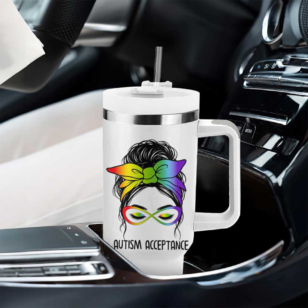 Autism Acceptance Tumbler With Handle Neurodiversity Awareness Messy Bun Women