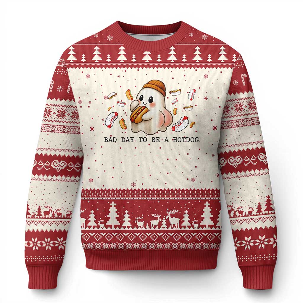 Funny Hot Dog Ghost Halloween Ugly Christmas Sweater Bad Day To Be A Hotdog - Wonder Print Shop
